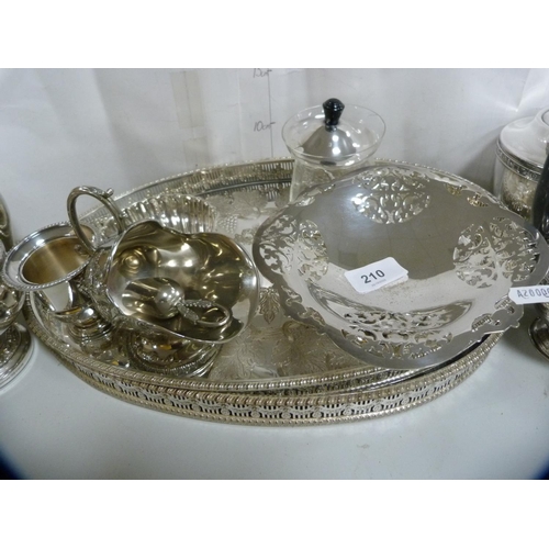 210 - Five-piece EP tea set with decorated border, galleried tray and other EP.