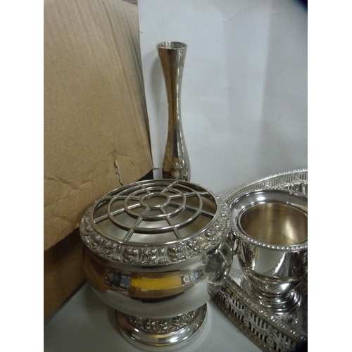 210 - Five-piece EP tea set with decorated border, galleried tray and other EP.