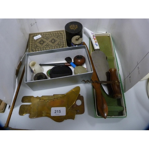 215 - Brass shoe model, pipe, eastern-style box, medicine glass, corkscrew, cake slice etc.