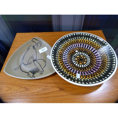 216 - Hand-decorated plate depicting a Zulu woman, a Jersey pottery bowl and an eastern bottle vase.