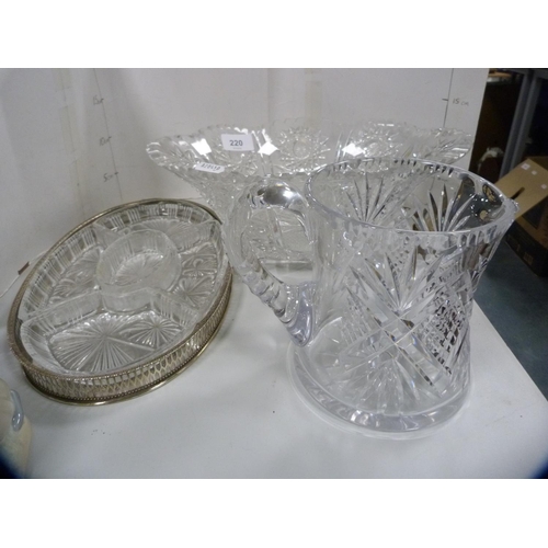 220 - Large cut glass bowl, similar jug and an hors d'oeuvres dish.  (3)