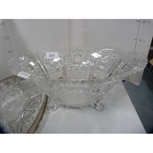 220 - Large cut glass bowl, similar jug and an hors d'oeuvres dish.  (3)