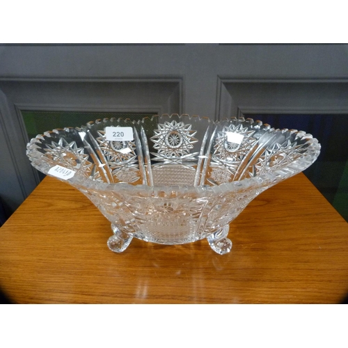 220 - Large cut glass bowl, similar jug and an hors d'oeuvres dish.  (3)