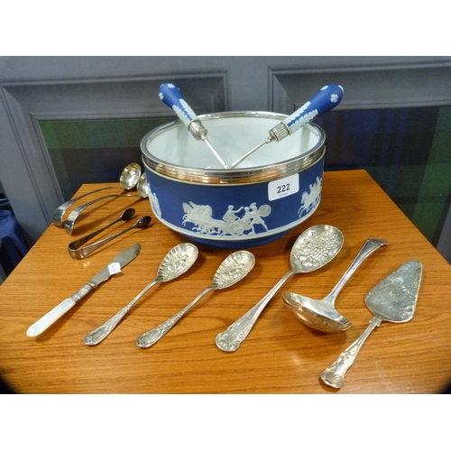 222 - Wedgwood salad bowl and matching servers with silver mounts and other EP flatware.