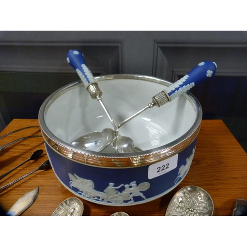 222 - Wedgwood salad bowl and matching servers with silver mounts and other EP flatware.