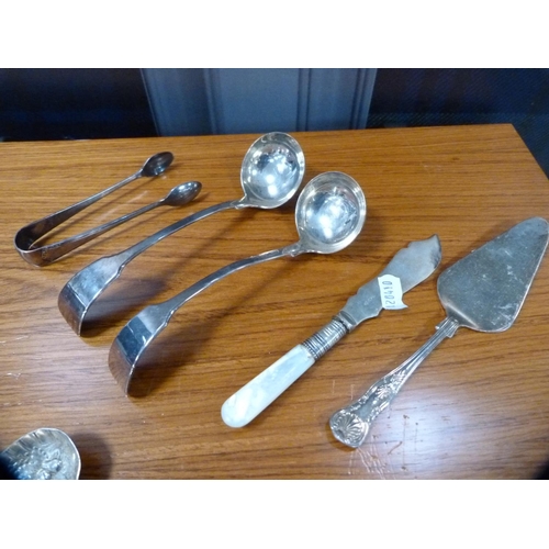 222 - Wedgwood salad bowl and matching servers with silver mounts and other EP flatware.