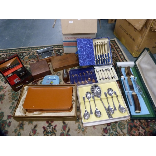 226 - Three-piece carving set, cased gentleman's travelling set, boxes, teaspoons, Capstan ashtray etc.