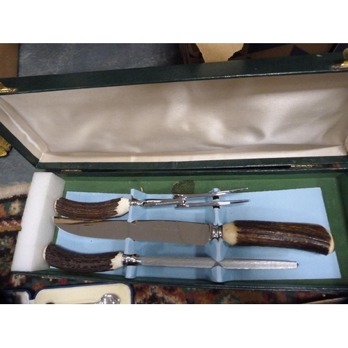 226 - Three-piece carving set, cased gentleman's travelling set, boxes, teaspoons, Capstan ashtray etc.