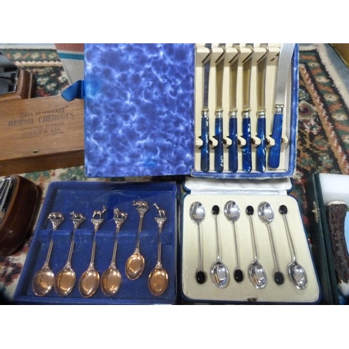 226 - Three-piece carving set, cased gentleman's travelling set, boxes, teaspoons, Capstan ashtray etc.