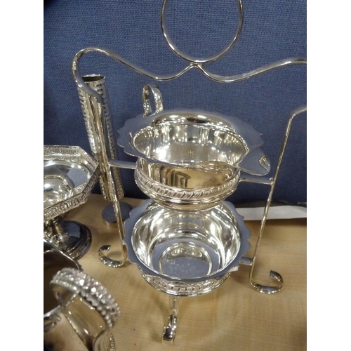 23 - Collection of EP to include a pair of candlesticks, sauce boat on stand, cream and sugar on stand, m... 