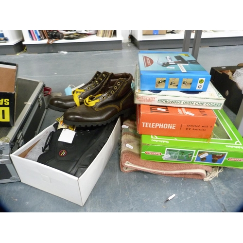 240 - Pair of Dickies safety boots and another pair, Subbuteo game, corkscrew, rug etc.