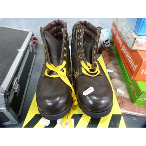 240 - Pair of Dickies safety boots and another pair, Subbuteo game, corkscrew, rug etc.