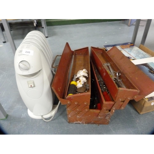 246 - DeLonghi electric heater and a metal toolbox and contents.