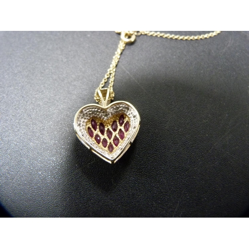 256 - 9ct gold, diamond and ruby-style heart-shaped pendant on 9ct gold chain, 3.6g gross.