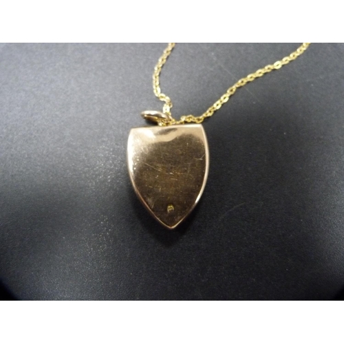 258 - 15ct gold shield-shaped locket, 13.1g, on yellow metal chain attachment.