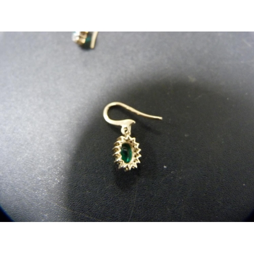 259 - Pair of 9ct gold, diamond and faux emerald cluster earrings set with diamond chips, 1.4g gross.