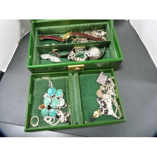 261 - Collection of silver pendants and chains, fashion watches, envelope stamp box, costume rings, silver... 