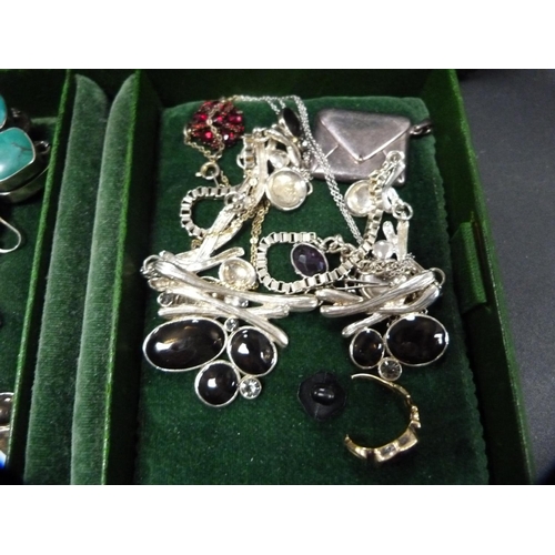 261 - Collection of silver pendants and chains, fashion watches, envelope stamp box, costume rings, silver... 