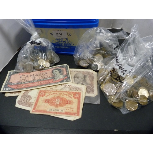 274 - Pair of opera glasses, quantity of foreign coinage and banknotes etc.