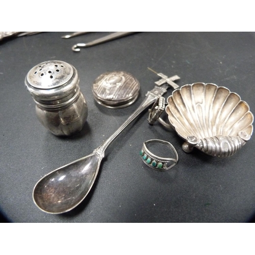 279 - Silver-backed lady's brush and clothes brush, button hook and shoe horn, continental silver spoon, s... 