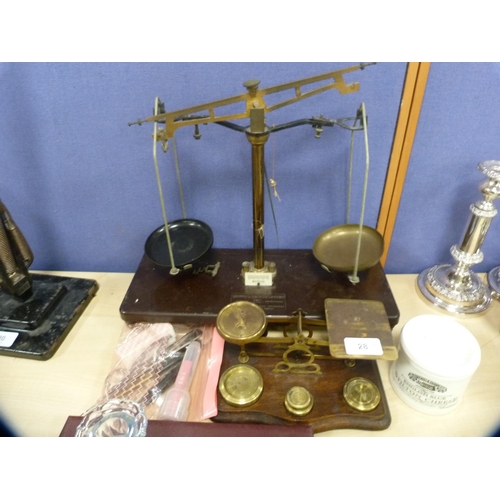 28 - Set of brass and wood postal scales, set of scientific scales, drawing instruments etc.