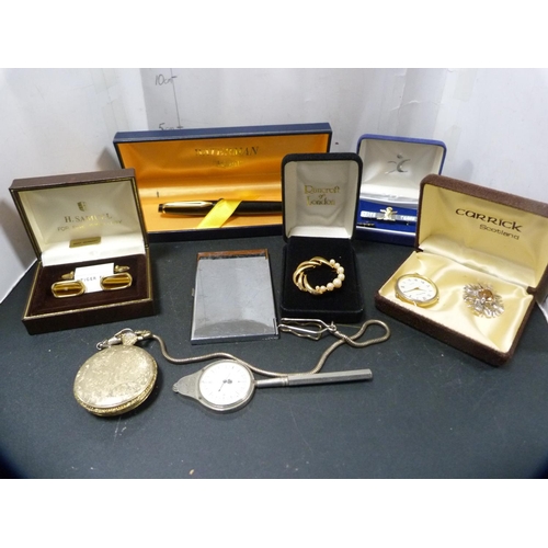 280 - Boxed Waterman Ideal fountain pen, costume jewellery, brooches, cufflinks, pocket watch etc.