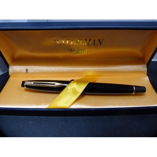 280 - Boxed Waterman Ideal fountain pen, costume jewellery, brooches, cufflinks, pocket watch etc.