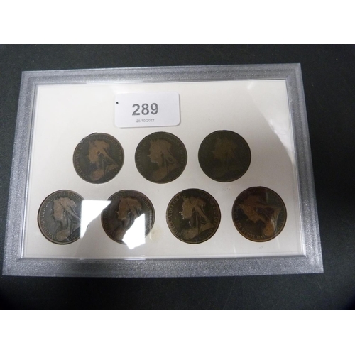 289 - Seven Queen Victoria 'Old Head' copper pennies in a capsule case.