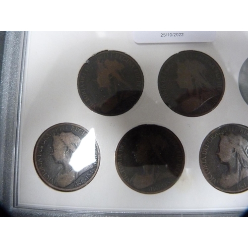 289 - Seven Queen Victoria 'Old Head' copper pennies in a capsule case.