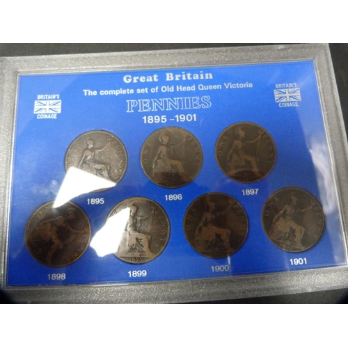 289 - Seven Queen Victoria 'Old Head' copper pennies in a capsule case.