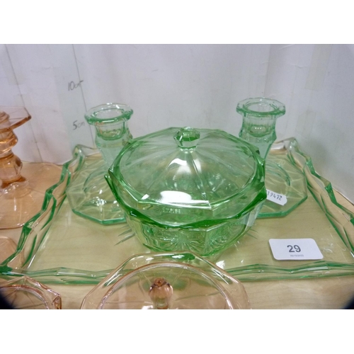 29 - Collection of French-style coloured glass dressing table items.