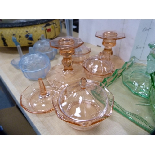 29 - Collection of French-style coloured glass dressing table items.