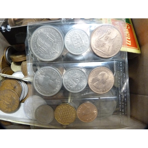 296 - Box containing a large collection of Queen Elizabeth II sixpences, copper coins, post-decimal coins,... 