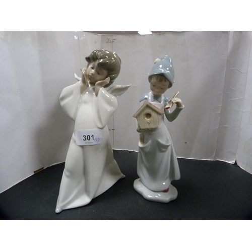 301 - Lladro figure of an angel and another of a girl painting a birdhouse.  (2)