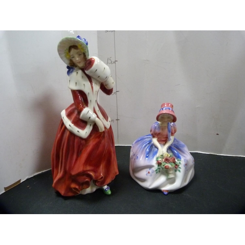 304 - Three Royal Doulton figures, 'Monica', 'Christmas Morn' and 'Autumn Breezes'.