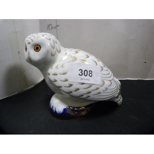 308 - Royal Crown Derby paperweight modelled as a snowy owl, with gold-coloured stopper.