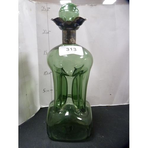 313 - Green glass decanter with silver collar and stopper.