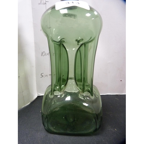 313 - Green glass decanter with silver collar and stopper.