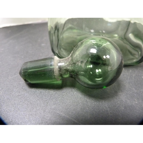 313 - Green glass decanter with silver collar and stopper.