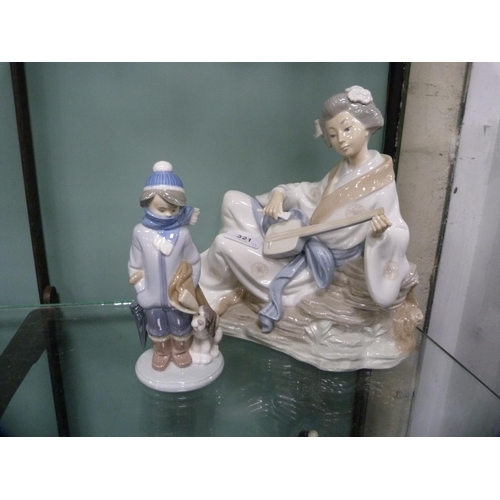 321 - Large Nao figure of a Geisha playing an instrument and a Lladro figure of a boy with a dog.  (2... 