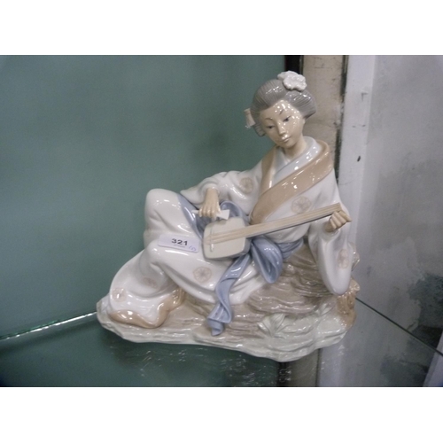 321 - Large Nao figure of a Geisha playing an instrument and a Lladro figure of a boy with a dog.  (2... 