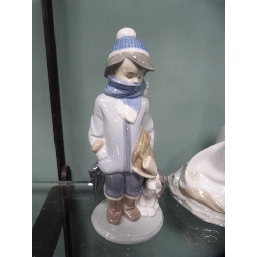 321 - Large Nao figure of a Geisha playing an instrument and a Lladro figure of a boy with a dog.  (2... 