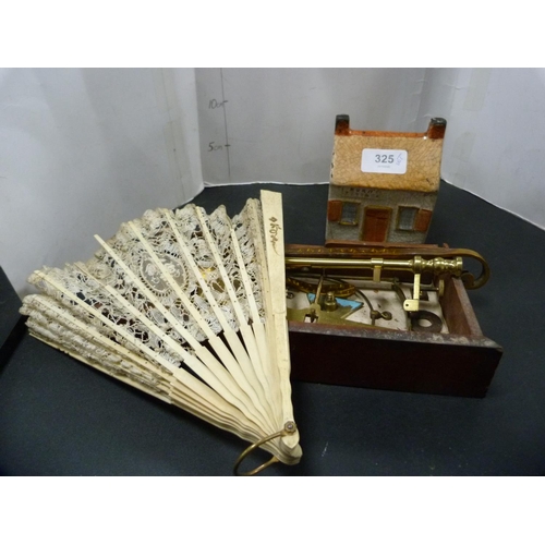 325 - Staffordshire coin bank modelled as Burns' Cottage, part scales, oriental fan etc.