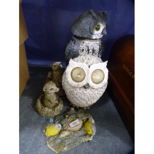 331 - Two owl garden ornaments and three others.  (5)