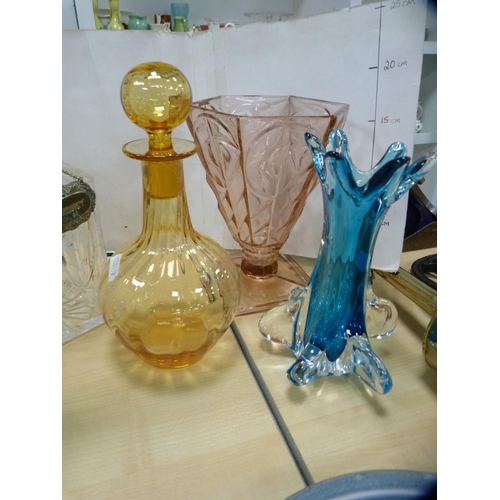 335 - Three decanters, engraved water jug and two vases.  (6)