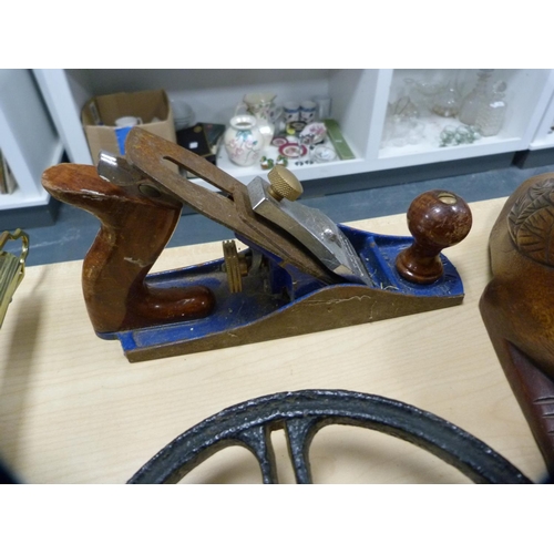 338 - Brass spit, a pulley and a woodworking plane.