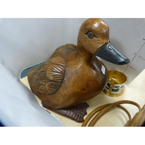 339 - Carved wooden duck and an enamel cup holder.