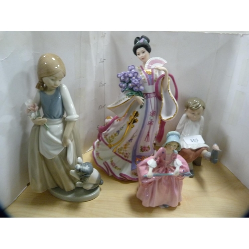 353 - Lladro figure of a boy with a bird on his foot, Royal Doulton figure, 'Bo Peep', a Nao figure and an... 