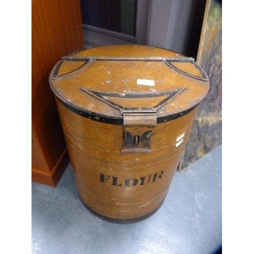 361 - Enamelled flour bin containing assorted tins.