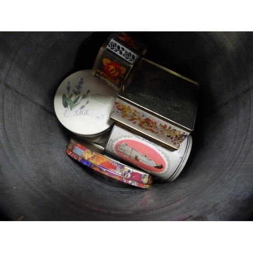 361 - Enamelled flour bin containing assorted tins.